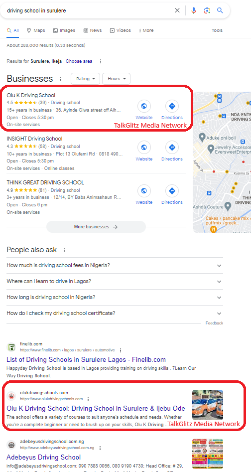 SEO for a Driving School in Lagos ranking number one on Google